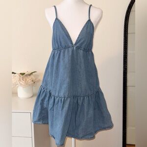 SHEIN Light Blue Denim Look Mini Dress | V-Neck Summer Sundress (M)
